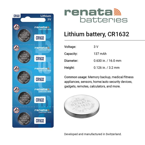 Renata CR1632 Batteries - 3V Lithium Coin Cell 1632 Battery (2 Count)