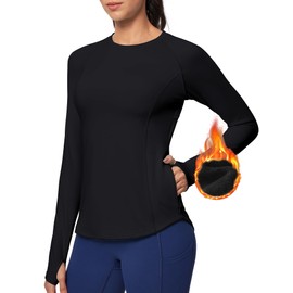 Ewedoos Thermal Shirts for Women Zipper Pocket Fleece Lined Long Sleeve Workout Tops Compression Running Hiking Ski Gear Black