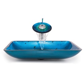 Kraus Irruption Blue Rectangular Glass Vessel Bathroom Sink with PU Satin Nickel