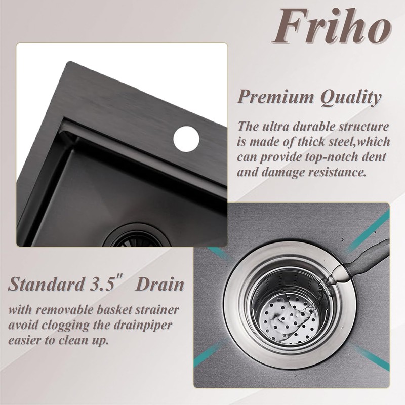 Friho Drop in Black Bar Sink, 15x15 Inch Stainless Steel
