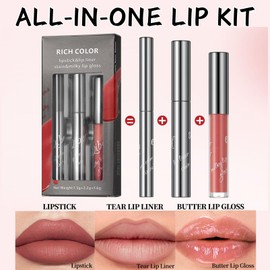 3PCS Lip Matte Makeup Set,3 In 1 Smooth Lipliner Lipgloss and Lipstick Set,Long-Lasting Waterproof Lip Kit for Smooth,Defined & Hydrated Lips,Gift for Women