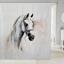 Manfei White Horse Shower Curtain with Hooks,Rustic Farmhouse Animal Bath Curtain,Natural Farm Painting White Bathroom Accessories Waterproof Panel,72x 78 Inches