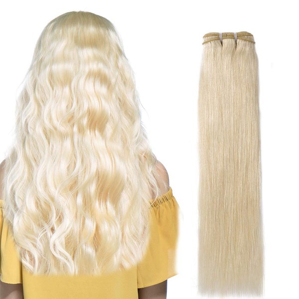 Rich Choices Real Hair Extensions, Body Wave Brazilian Hair, 60 cm, 1 Bundle, Weft, Remy Real Hair Extensions, Straight, #60 Platinum Blonde (1 Bundle) - 100 g