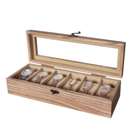 Exper City Watch Box, Watch Case for Men Women with Large Glass Lid, Wooden Watch Display Storage Box with 6 - Slots, Wood Mens Watch Box Organizer