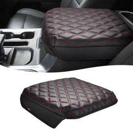 KBH Center Console Armrest Cover for Chevy Silverado & GMC Sierra 2019-2025, Tahoe & Suburban & Yukon 2021-2025 Bucket Seat, Vinyl Leather Trim, Black-Red Double Stitch