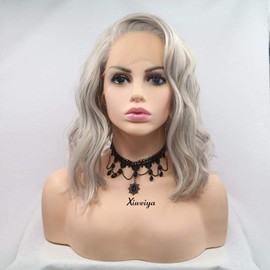 Xiweiya Short Curly Bob Wigs Silver Grey Color Synthetic Lace Front Wig Short Bob Hair Curly Side Parting Heat Resistant fiber for Women Platinum Cosplay Wigs 14 inches