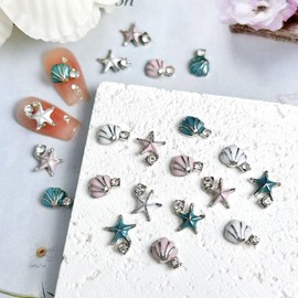 UEYRSEDB 12PCS 3D Summer Star Nail Rhinestones Charms Ocean Starfish Shells Nail Gems Cute Summer Beach Nails Diamonds White Pink Blue Nails Jewelry Supplies for Women Manicure Decorations