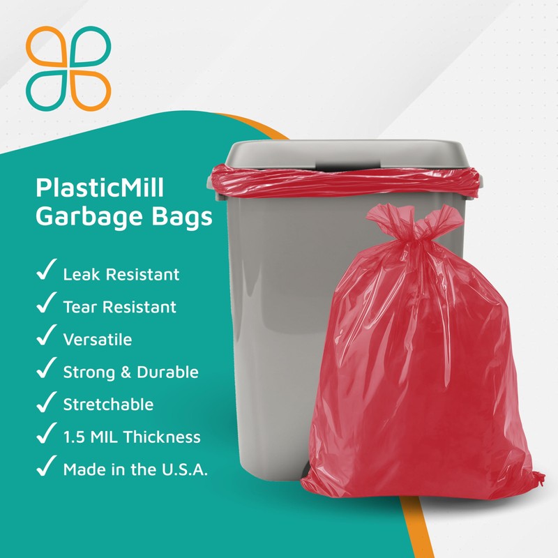 PlasticMill 33 Gallon Garbage Bags: Red, 1.5 MIL, 33x39, 100