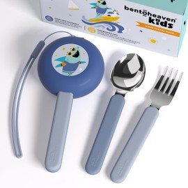 Bentoheaven - Utensilios de viaje para niños con funda, acero inoxidable de grado alimenticio y plástico sin BPA, juego de cubiertos de viaje para niños, tenedor apto para lavaplatos, cuchara y funda,