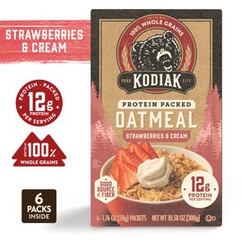 Kodiak Instant Oatmeal Packets, Strawberries & Cream, High Protein, 100% Whole Grains, 6 boxes with 6 packets each (36 packets total)