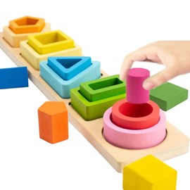 Caunedy Montessori Toys for 1 2 3 Year Old Toddlers,Wooden Shape Sorting & Stacking Toys,Learn Colors and Develop Fine Motor Skills
