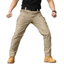 NAVEKULL Men's Work Cargo Pants for Men Rip Stop Tactical Pants Outdoor Hiking Camping Travel Pants Lightweight Water Resistant Waterproof Military Army Combat Trousers with Side Zipper Pockets Khaki