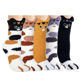 MOAZIFI 5 Pairs of Women's Cuddly Socks, Cat Paw Socks, Warm Bed Socks, House Socks 36-42, Fluffy Socks, Christmas Socks, Thick Winter Socks House Socks, multicoloured