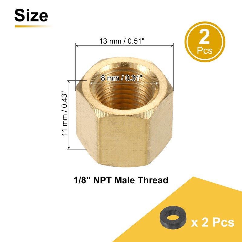 sourcing map 2Pcs Brass Hex Head Plug Compression Cap Fitting