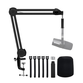 Boseen Microphone Boom Arm Stand with Pop Filter for MV7, Heavy Duty Adjustable Suspension Boom Scissor Mic Stand with Mic Foam Windscreen and Extension Tube Compatible with MV7 Microphone