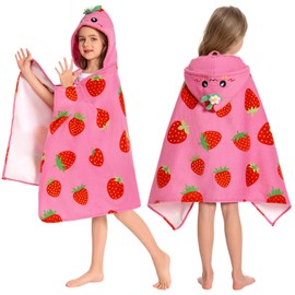 OLAOLA Strawberry Hooded Towel for Kids 3-12 Years, 28" x 53" Soft Thick Absorbent Beach Towels, Toddler Bath Towel Wrap Swim Pool Towels Poncho for Boys Girls