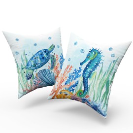 Giwawa Coastal Ocean Pillow Covers Set of 2-18"x18" Sea Turtles Seahorse Decorative Throw Pillow Cases- Watercolor Marine Animals Double Sided Square Cushion Covers for Sofa Couch Bed Car
