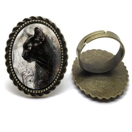 Vintage Black Cat Glass Cabochon Ring, Antique Bronze Adjustable Band, Oval Shape, Adjustable, Stainless Steel, No Gemstone