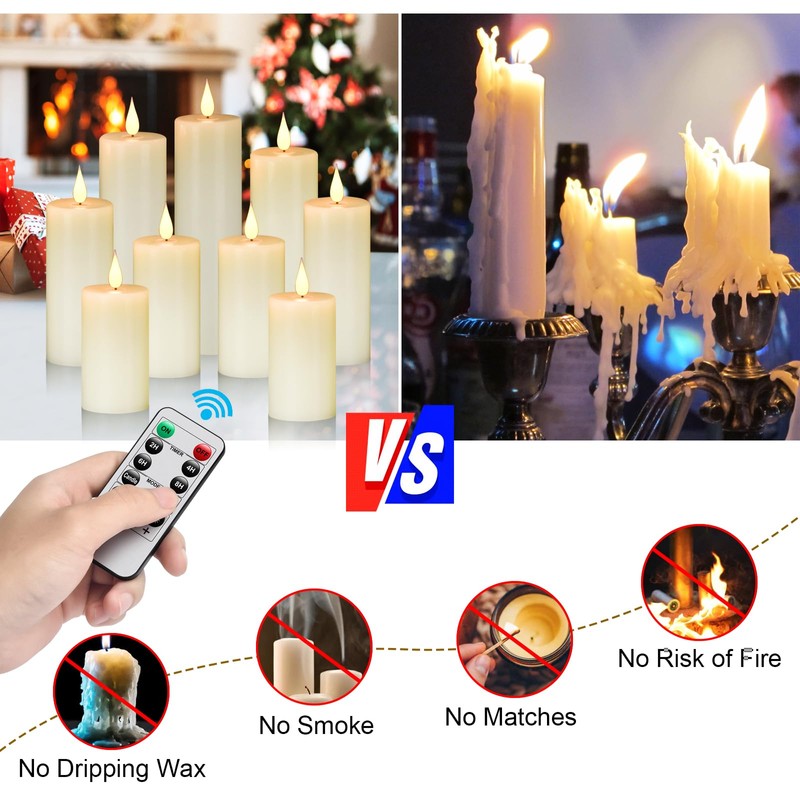 Hanzim Flameless Flickering Battery Operated Candles 9PACK Real Wax Pillar