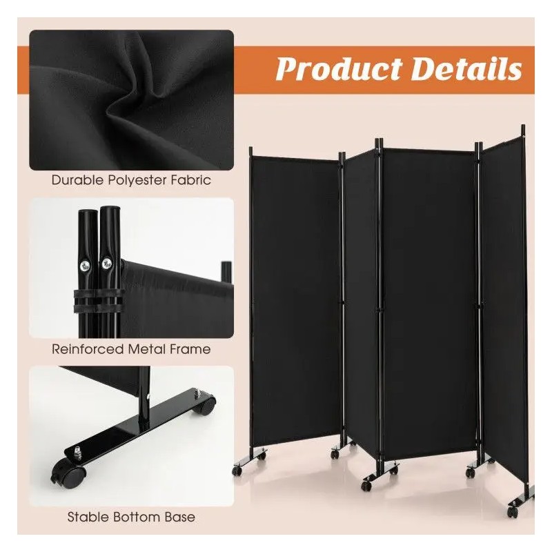 4-Panel Folding Room Divider with Lockable Wheels Privacy Screencolor: Brown