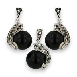 SILVER EMPIRE Fine Jewelry | 925 Marcasite Sterling Sivler Black Onyx Ball with Cougar Earring and Pendant Neckalace 18" Chain Dangle Gemstone | Fancy Fine Jewelry Gifts for Women for Her