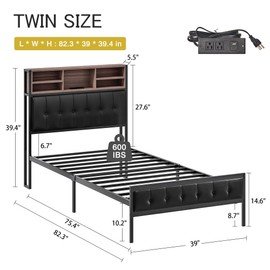 VECELO Farmhouse Metal Bed Frame Twin Size with Wooden Headboard & Footboard, Solid Platform Mattress Foundation with Storage, LED Light, Charging Station, USB Ports, Noise-Free, Easy Assembly, Black