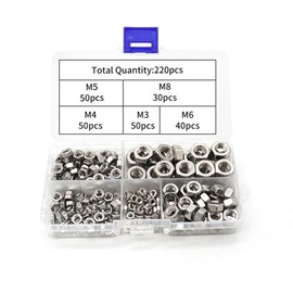 YFFSFDC Stainless Steel Hex Nuts 304 Stainless Steel M3 M4 M5 M6 M8 Set of 220 with Storage Case for Cars, Furniture, Machinery, Repair Parts