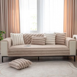 vctops 3D Striped Faux Fur Couch Cover Thick Warm Soft Sofa Cover Non Slip Fuzzy Plush Furry Sofa Slipcovers Shaggy Cozy Washable Furniture Protector for Pets, Kids (Light Coffee,36"x36")