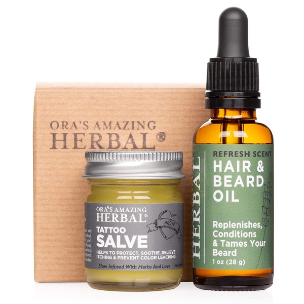 Tattoo Salve and Beard Oil Gift Set for Men with Tattoos and Beards, Tattoo Gifts, Made in The USA, Ora's Amazing Herbal (Tattoo Gift for Men)