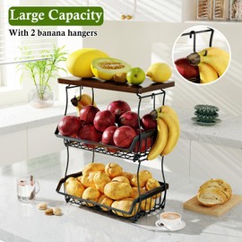OKZEST 3-Tier Fruit Basket for Kitchen Counter with Banana Hangers, Countertop Organizer Fruit Bowls with Wood Top, Fruit Storage Basket Stand for Storage Potato Onion Bread Snack Fruit Veggie