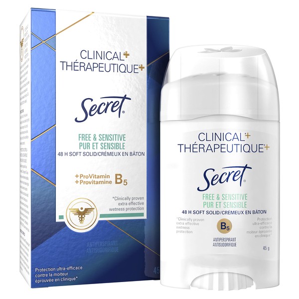 Secret Clinical Strength Soft Solid Antiperspirant and Deodorant, Free & Sensitive, 45 g