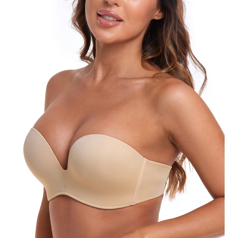 HACI Women's Anti-Slip Strapless Bra Wirefree Lift Support Push Up(Beige,36D)
