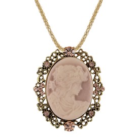 Alilang Vintage Inspired Cameo Lady Victorian Maiden Pendant Necklace Golden Tone Sparkle Crystal Rhinestones Necklace, Champagne