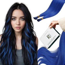 RUNATURE I-Tip Real Hair Extensions, Blue, 45 cm, Pre-Bonded, Human Hair, Invisible, 25 g, 25 Strands, #Blue