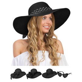 Sun Hats for Women, Wide Brim Floppy Beach Straw Hat for Summer Travel Vacation Foldable with Heart Shaped Sunglasses UPF 50+ Black