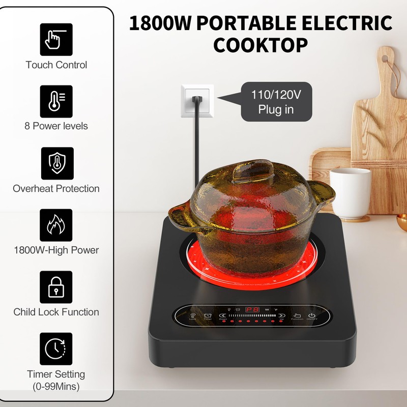 GIHETKUT Single Burner Electric Cooktop,110V 1800W Electric Stove Top with