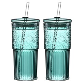 20 oz 2-pack Green Glass Straw Cup with Vertical Pattern High Borosilicate Heat Resistant Juice/Milk Cup Lid Glass Drinkwarecolor: dark green 2pcs Color
