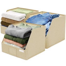 VIVIDECOR Trapezoid Storage Bins – 3-Pack Closet Shelf Organizer & Baskets, Open Front Bin for Shelves, Foldable Fabric Basket for Clothes, Cube Storage Bins, Towel, Clothing Shelf (Beige, 3 Pack)