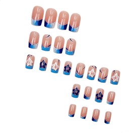 MERVF Square Press on Nails Medium & Press on Toenails for Women Matching Set Blue French Tip Acrylic Nail with Flower Design Glue ons Glossy 48pcs Summer