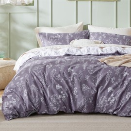 Bedsure Duvet Cover Queen Size - Reversible Grayish Purple Queen Duvet Cover Set with Zipper Closure, 3 Pieces Cute Floral Patterned Bedding Set with 8 Corner Ties and 2 Pillow Shams