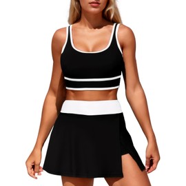 High Waisted Bikini Set, 2 Piece Sports Woman Tummy Control Bikini Skirts Sets, Women's Swimming Costumes Push Up Swimsuits Sets for Summer Beach Swim Sports Black