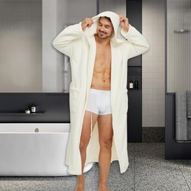 PJGGZ Men's Bathrobes with Hood, Soft Long Towel Robe for Men - Super Absorbent Quick Dry yet Warm (Off White, S/M)