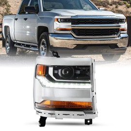 SOCKIR Headlight Assembly Fits for 2016 2017 2018 Chevy Silverado 1500 2019 Chevy Silverado 1500LD HID/Xenon Projector LED DRL Factory Headlamp Chrome Housing Right Passenger Side