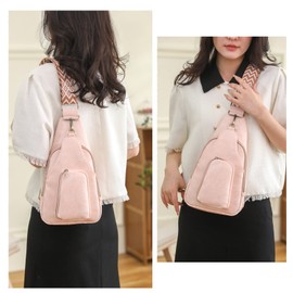 KlaOYer Sling Leather Bags For Women Crossbody Small Fanny Pack Purses Chest Bags With Guitar Strap For Gril Lady (Pink 2)