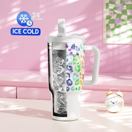 Meoky 32 oz Tumbler with Handle and Flip Straw, 100% Leakproof Tumbler with Lid and Straw, Stainless Steel Insulated Cup, Cupholder Friendly, Keeps Cold for 24 Hours (Kiss)