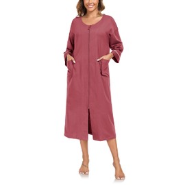 COLORFULLEAF 100% Cotton Zipper Robes for Women 3/4 Sleeve Bathrobe Lightweight with Pockets Loungewear(Purplish Red,L)