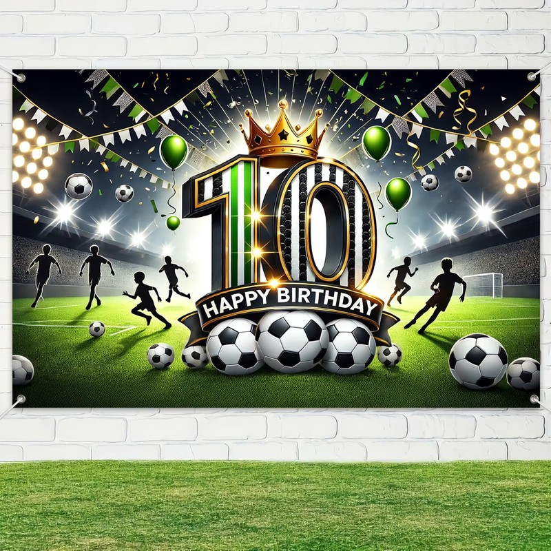 BlissYard 10th Birthday Banner 84x60 Inch Soccer Themed Backdrop