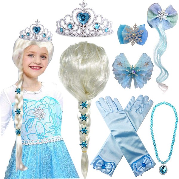 Princess Elsa Wig Frozen Elsa Braid with Princess Tiara Necklace Gloves Princess Elsa Dress Up Costume Cosplay Accessories for Kids Girls