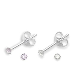 Set of 2 PAIRS Sterling Silver Cubic Zirconia stud Earrings - SIZE: TINY 2mm - Very Small & discreet - Lavender (Mauve) & Clear. 5549LAV/SET