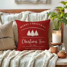 ULOVE LOVE YOURSELF Christmas Decorations Throw Pillow Cover 18x18 inch Farm Fresh Xmas Tree Cushion Pillowcases Farmhouse Winter Holiday Decor for Sofa/Couch/Porch(Red)